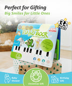 Close up view of the color coded keys and instrument selection buttons on the interactive preschool piano toy.