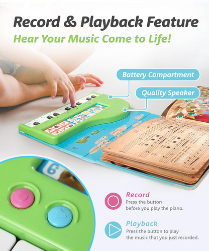 The portable book sized design of the educational piano showing its compact and lightweight construction for travel.