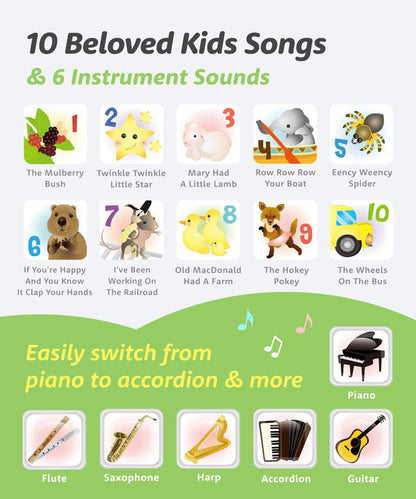 Back panel view of the premium kids musical toy showing the secure safety battery compartment.