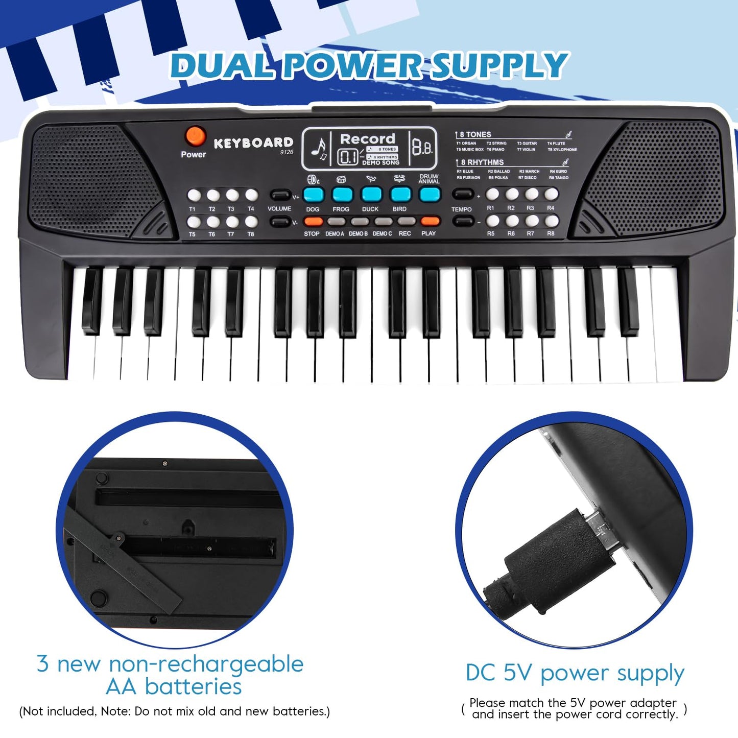 Childrens musical toy piano keyboard showing dual speaker configuration and lightweight design
