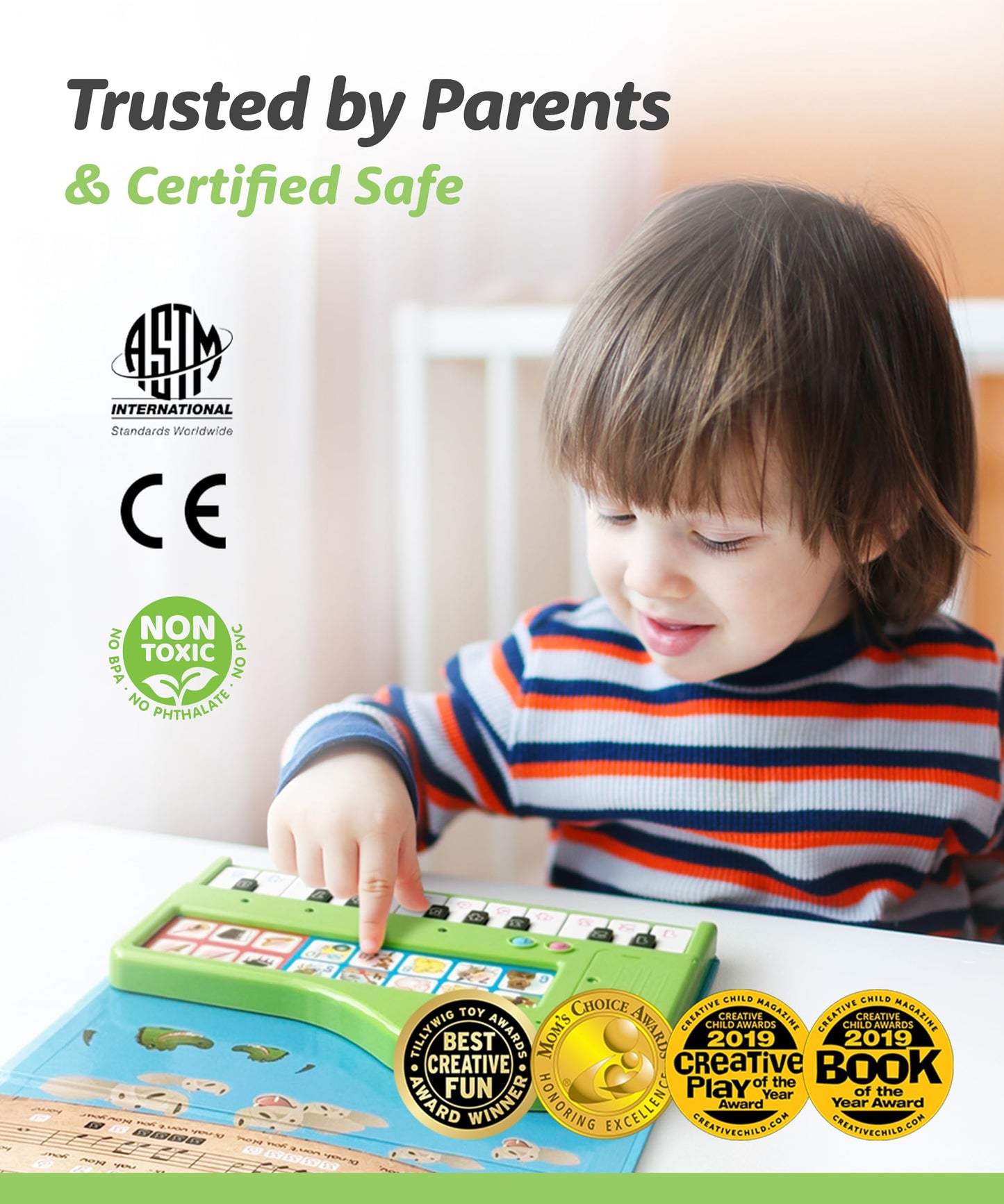 An unboxing angle highlighting the gold medal award emblem and authentic packaging of the imported learning toy.