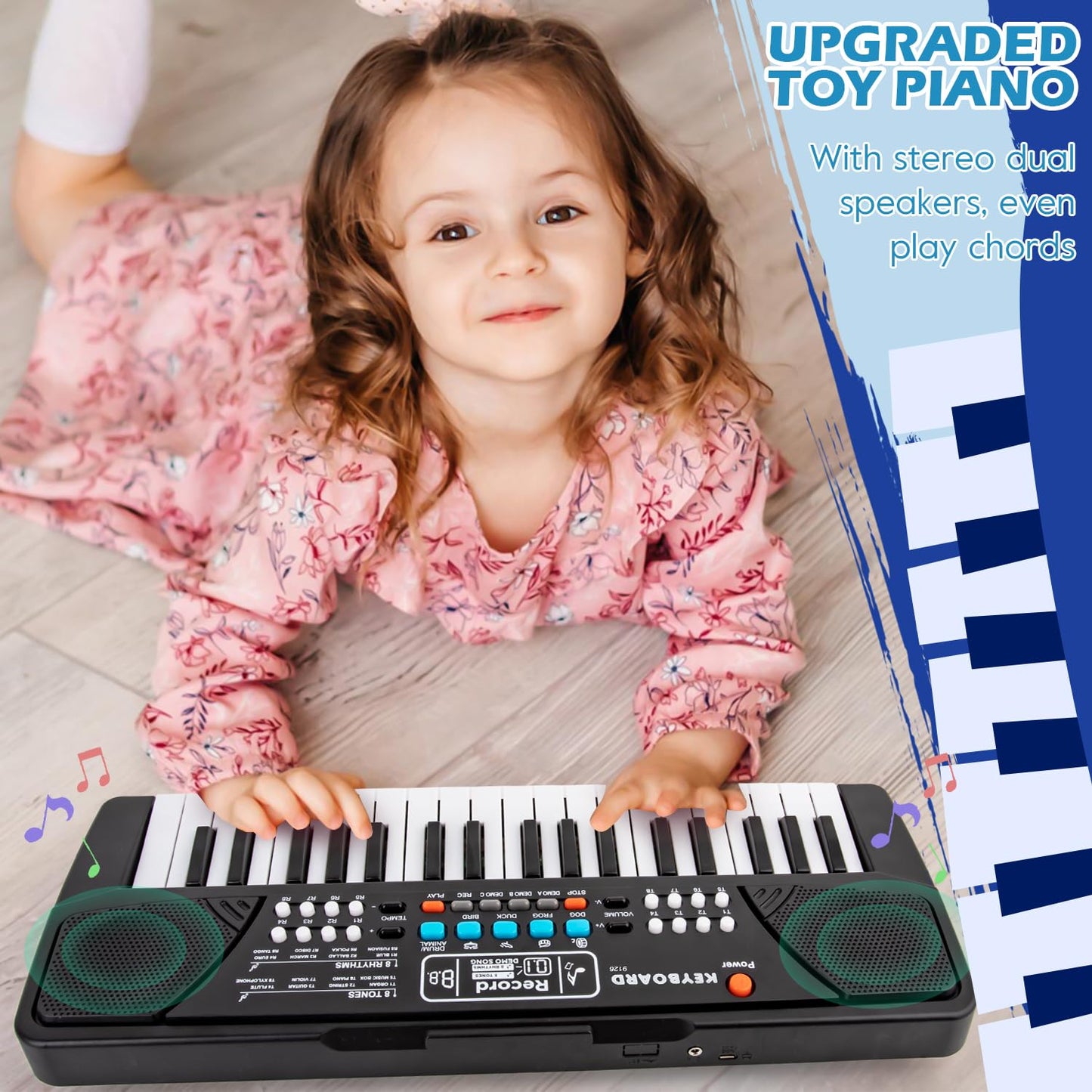 Black 37 key kids electronic organ showing Universal Serial Bus power input jack layout