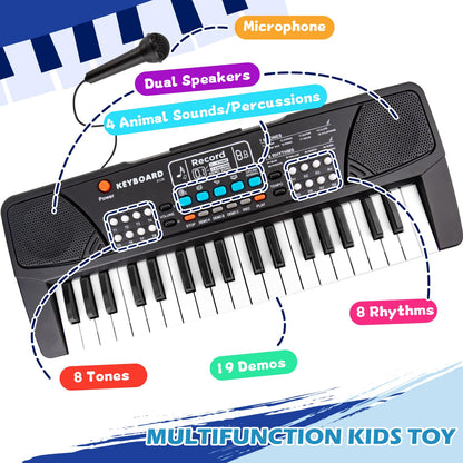 Educational music keyboard toy packaging showing included accessories and microphone kit