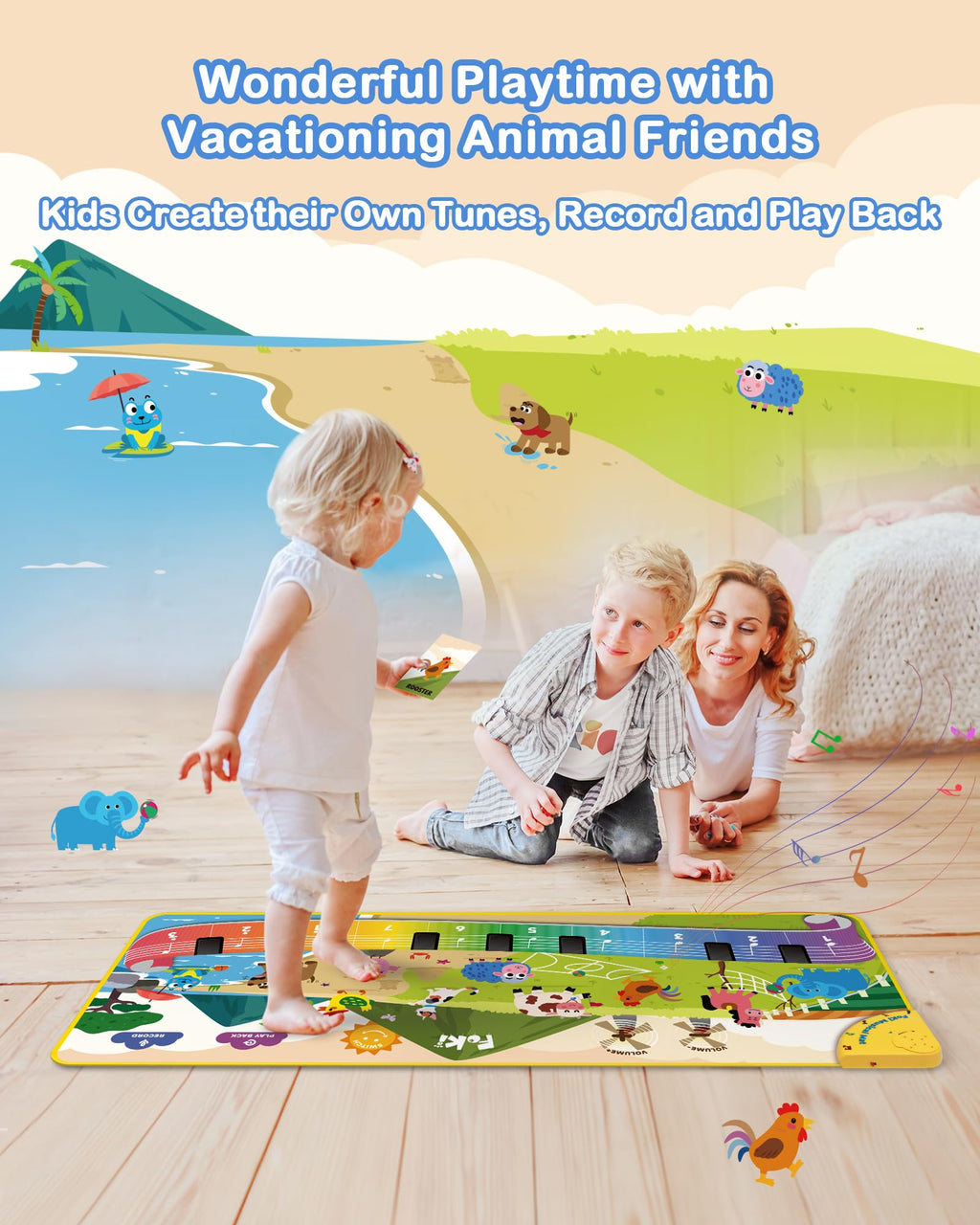 Folded Foki baby sensory musical blanket highlighting its compact design and portability.