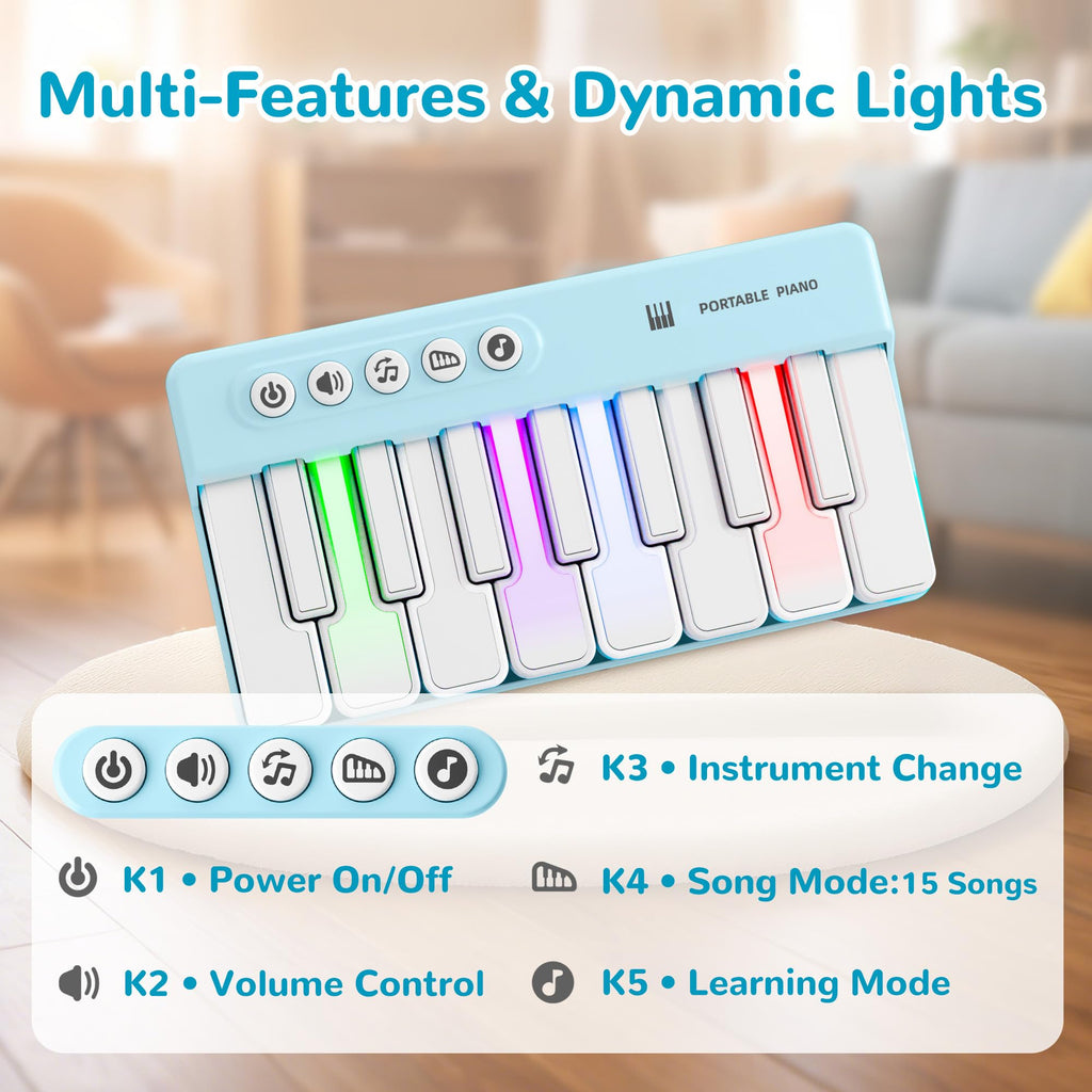 iPlay, iLearn toddler travel keyboard showing illuminated rainbow lights feature.