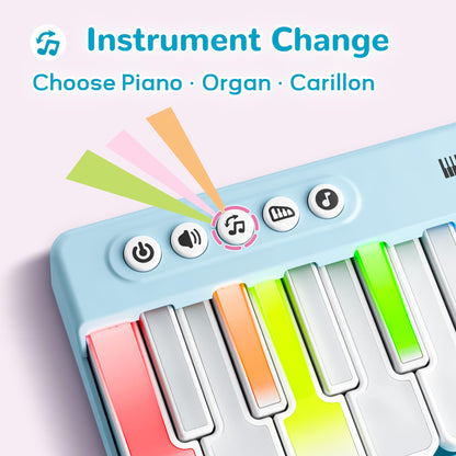 Close up of the function buttons on the blue iPlay, iLearn pocket piano.
