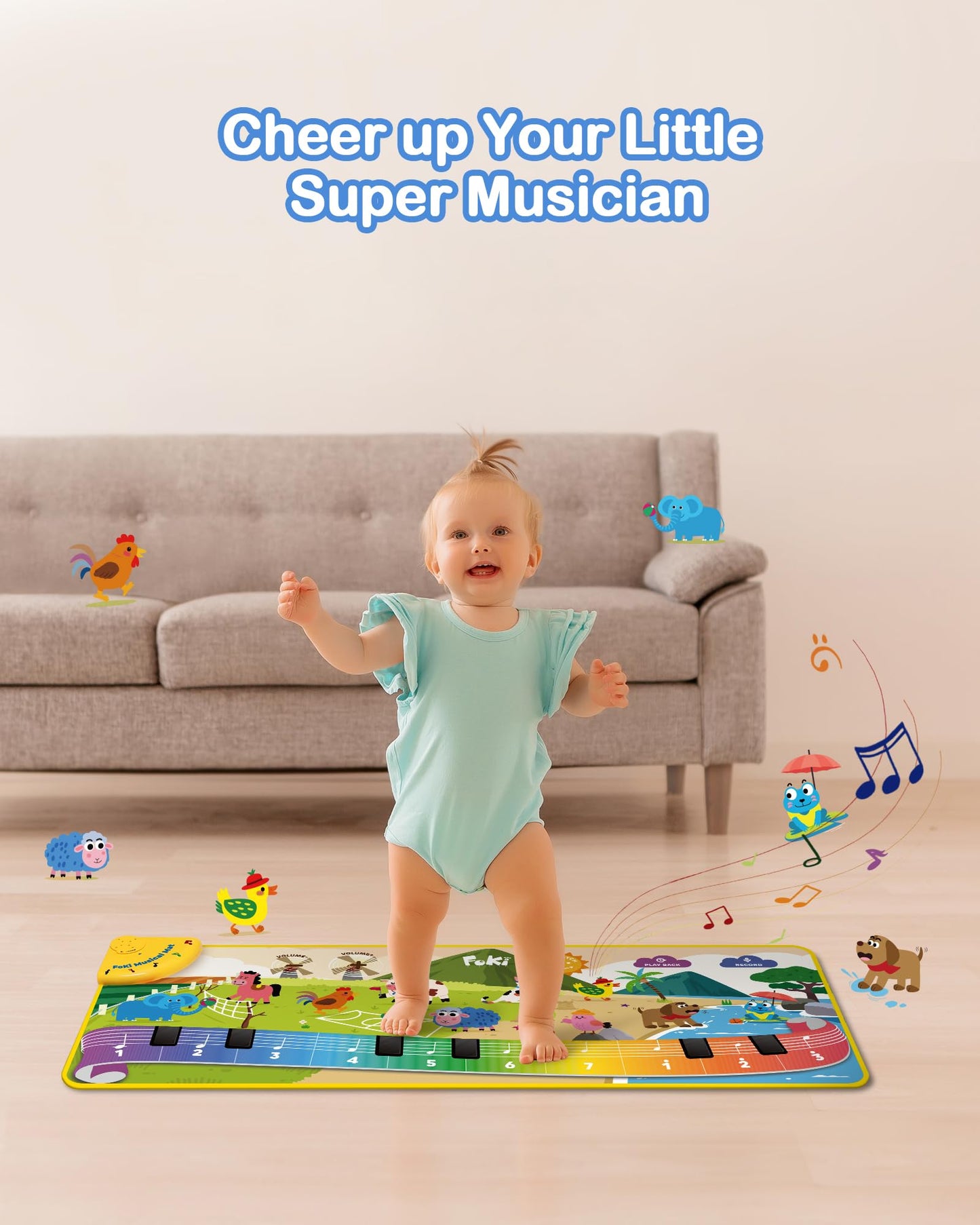 Packaging box of the Foki toddler toys floor piano mat highlighting the official product features.