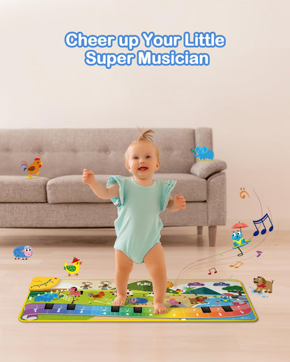 Packaging box of the Foki toddler toys floor piano mat highlighting the official product features.
