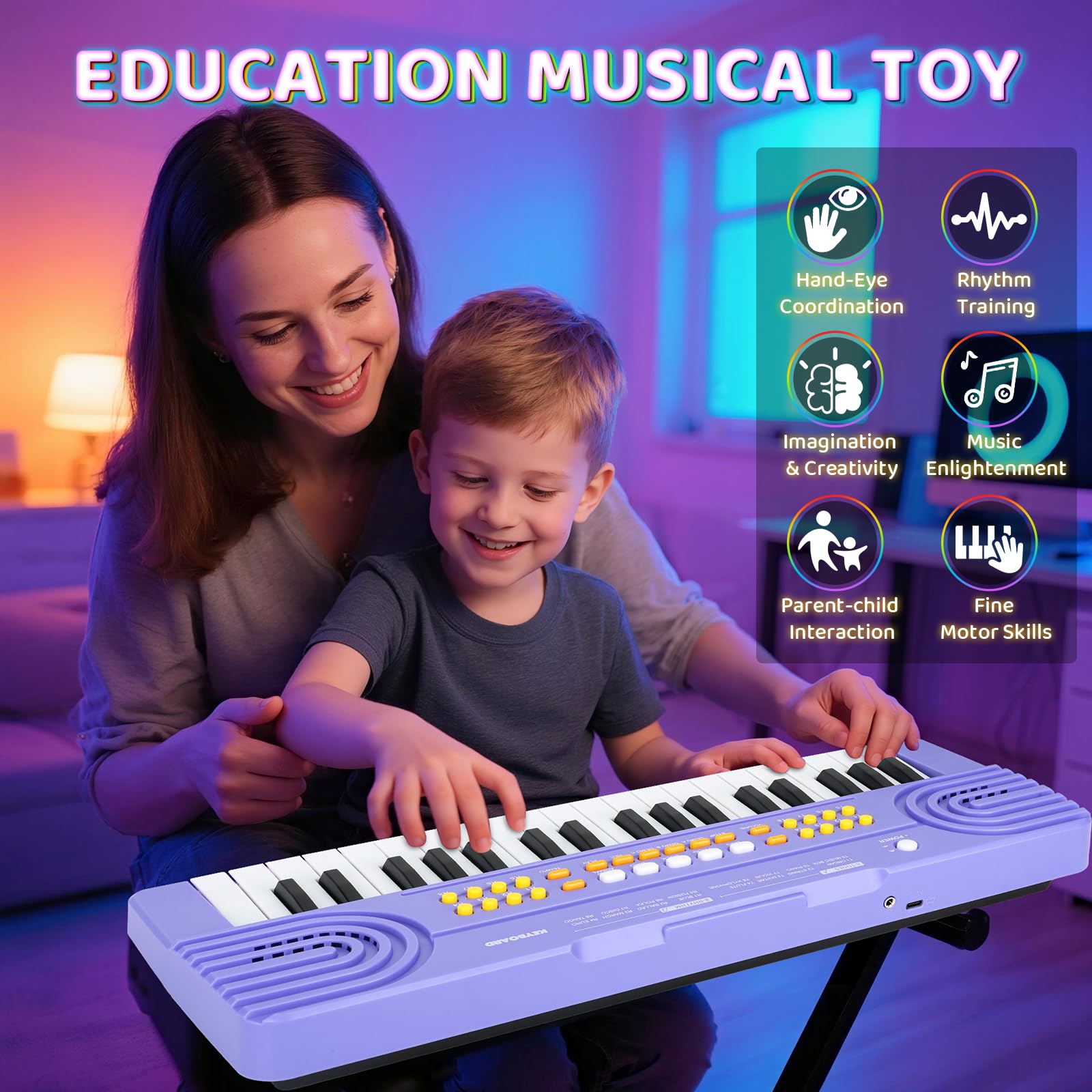 Top down perspective highlighting the dual speaker layout and wood-grain key design on the Drmukie musical toy.