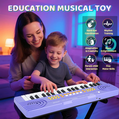 Top down perspective highlighting the dual speaker layout and wood-grain key design on the Drmukie musical toy.