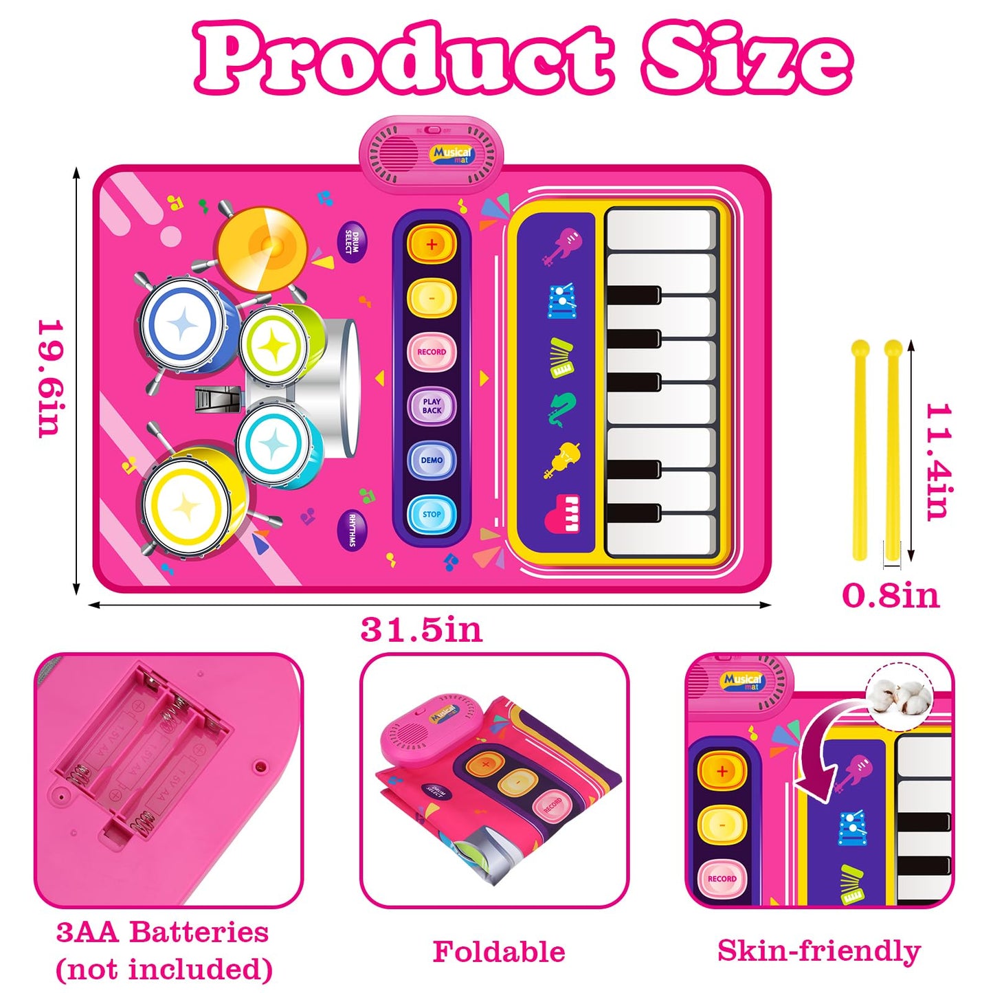 Toddler musical mat featuring touch-sensitive piano keys and instrument sound selection buttons