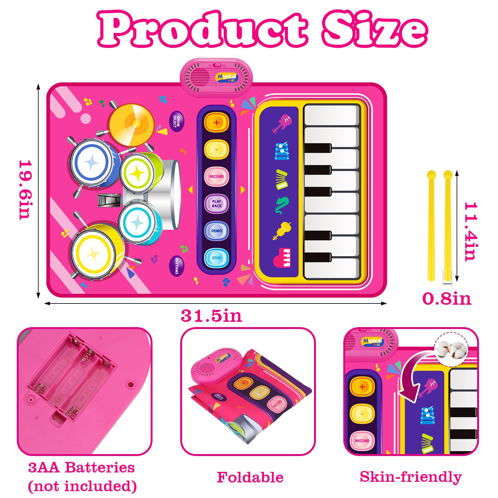 Toddler musical mat featuring touch-sensitive piano keys and instrument sound selection buttons