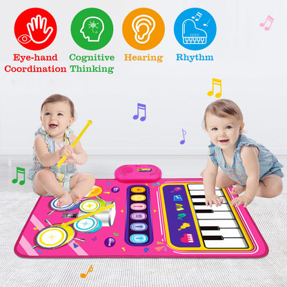 Educational music mat layout highlighting the 13 keys and six instrument sound choices