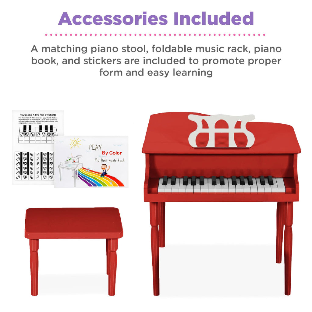 The complete kids musical instrument set including the red wooden piano, folding music rack, songbook, and stool.