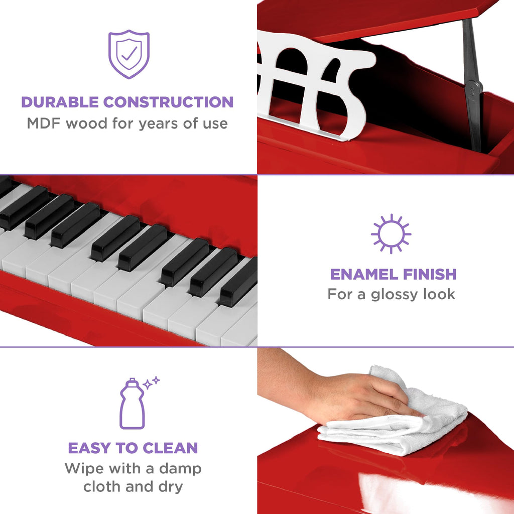 Top down perspective of the miniature grand piano showcasing the sleek glazed finish and compact playroom design.