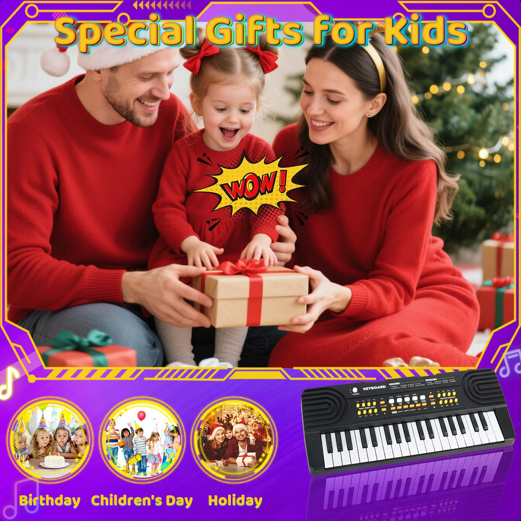 Rear view of the 37 key children's piano highlighting the battery compartment and USB power connection port