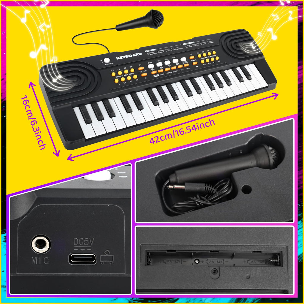 Drmukie electronic piano packaging box highlighting the educational benefits for ages three to five