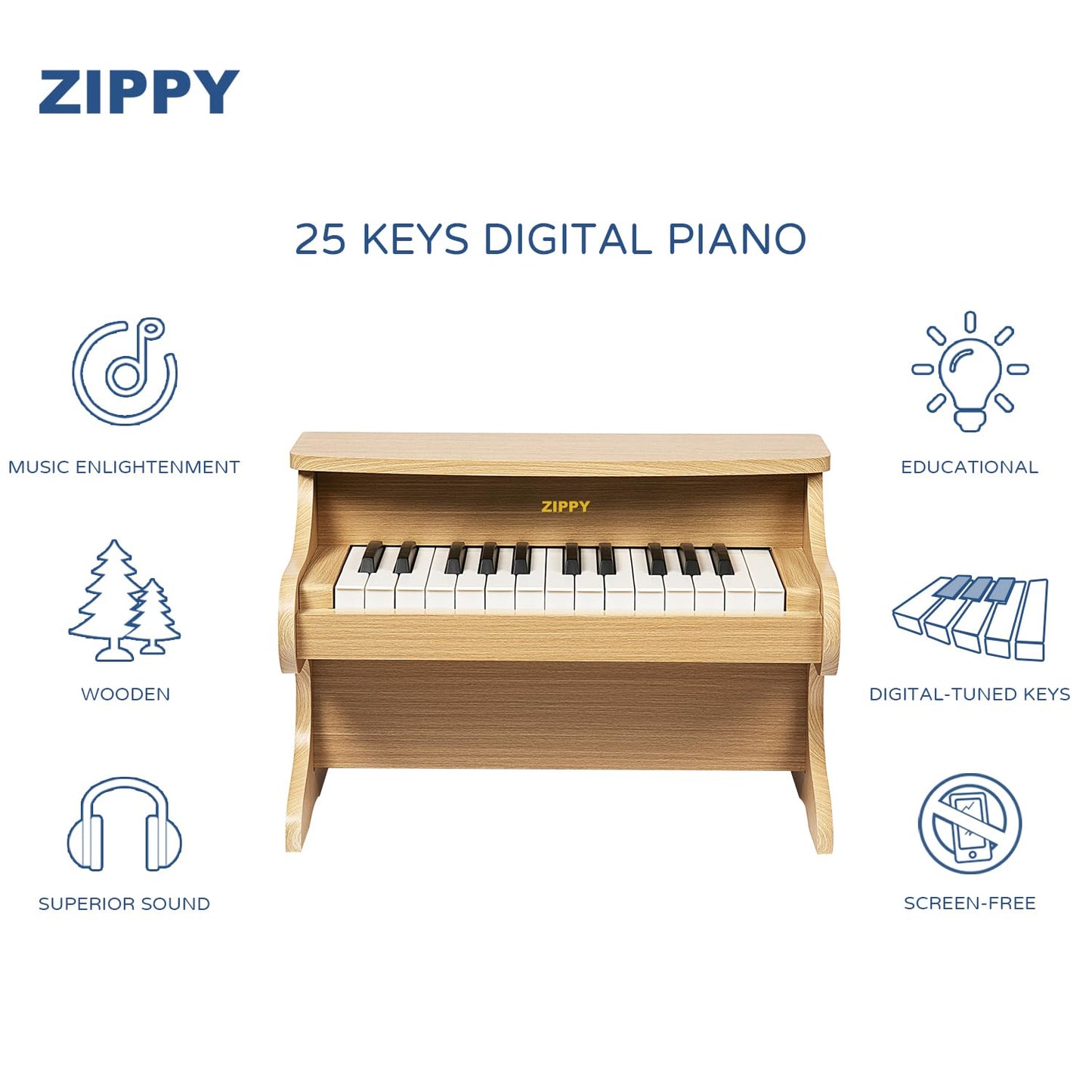 ZIPPY miniature upright wooden children piano with color coded keyboard stickers applied