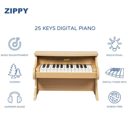 ZIPPY miniature upright wooden children piano with color coded keyboard stickers applied
