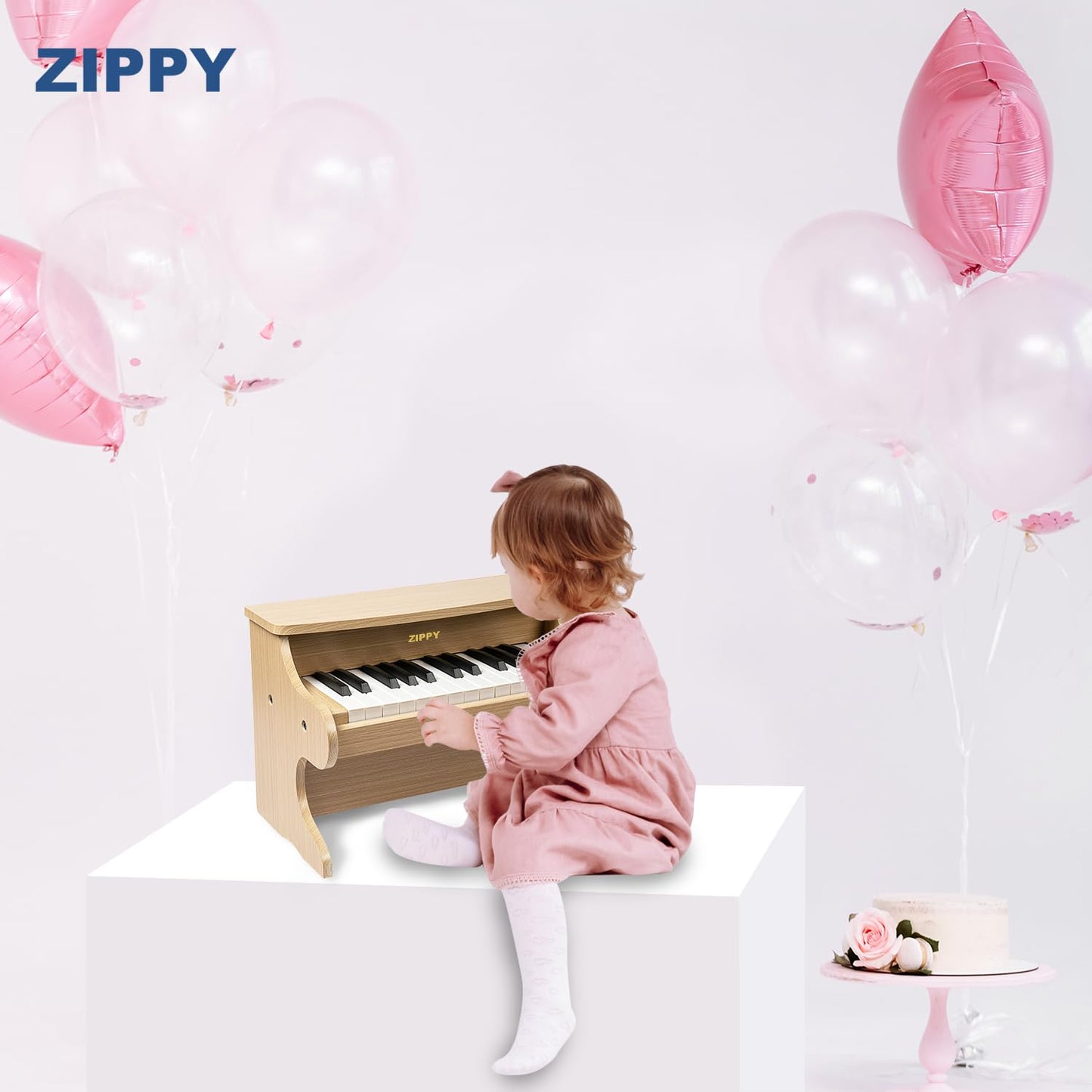 ZIPPY oak color retro style child musical instrument placed in a modern playroom setup