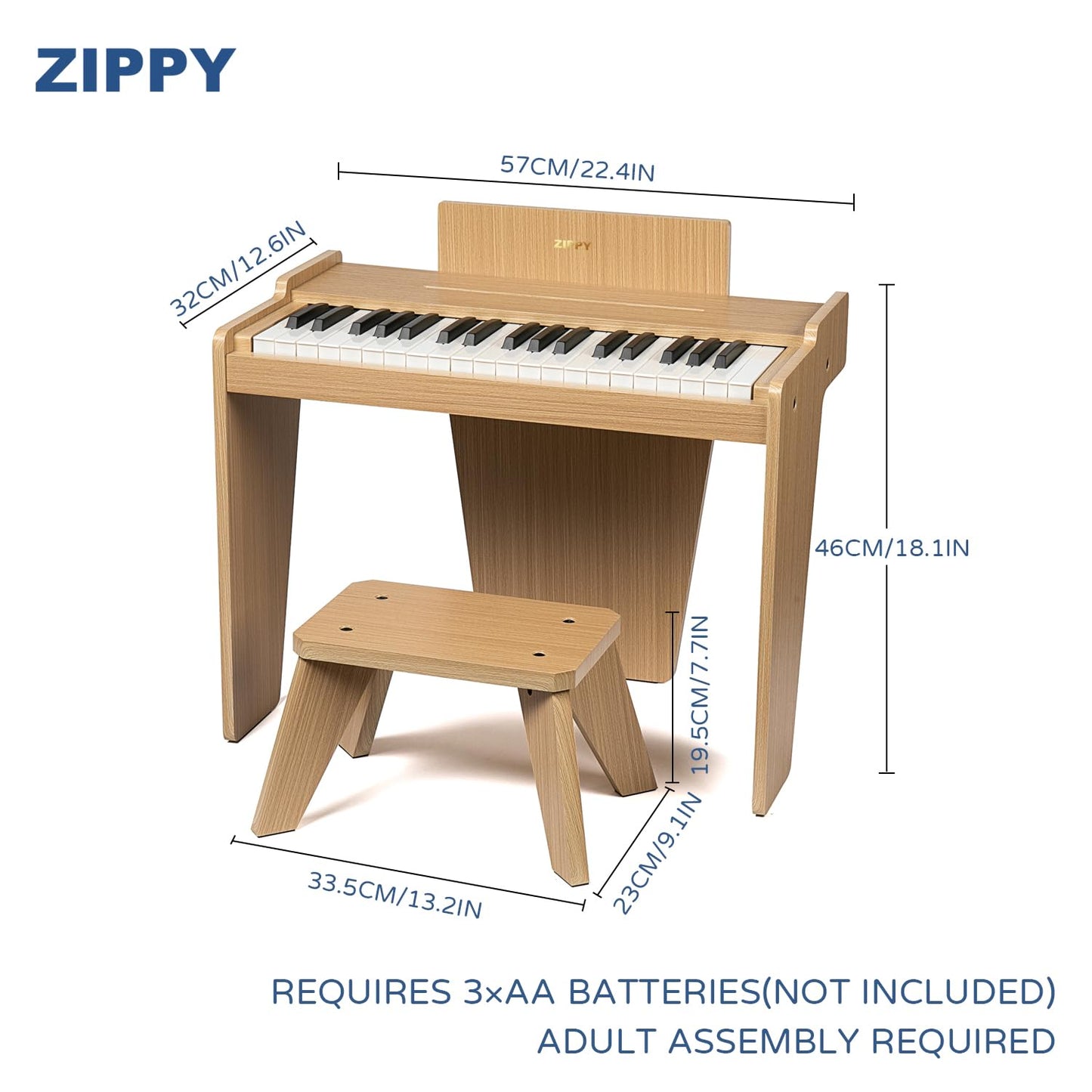 ZIPPY basic oak 37 key piano for kids with included color coded stickers applied to keyboard