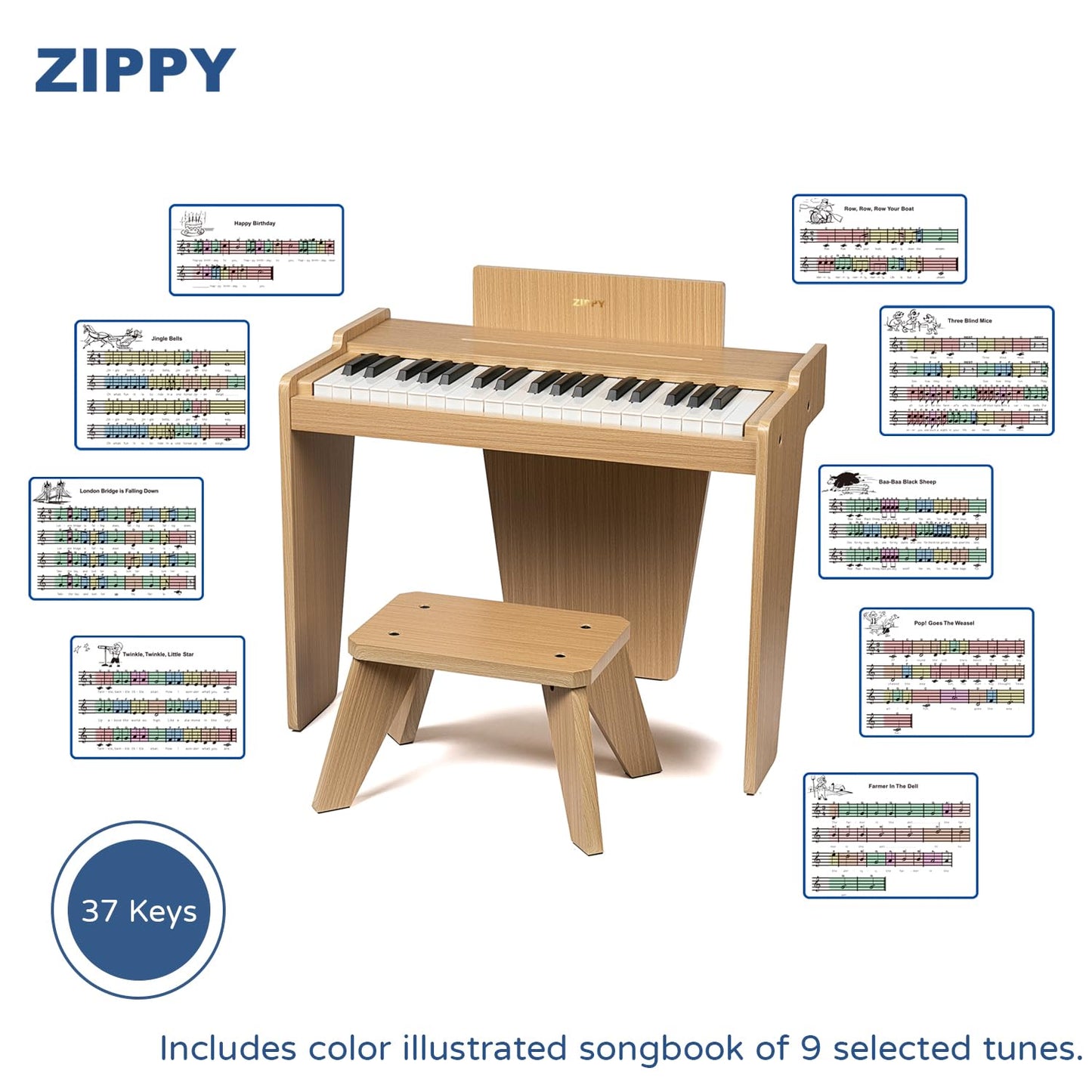 ZIPPY kids digital piano setup demonstrating the electronic control features and premium wood design