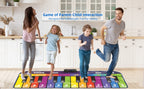 A full top view of the giant six feet musical keyboard playmat displaying the rainbow design layout.