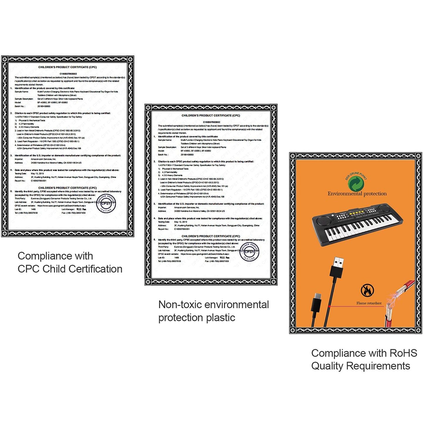 aPerfectLife non toxic plastic electronic organ showing the Universal Serial Bus power cable connection