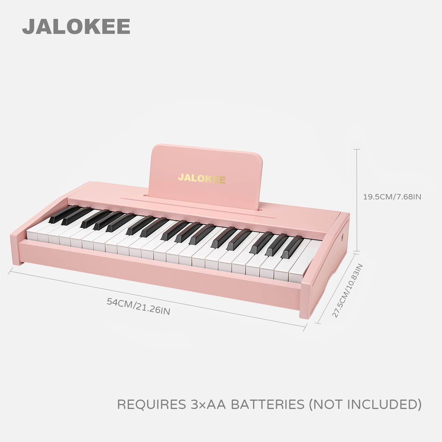 Side angle view of solid construction pink toy piano for girls and boys