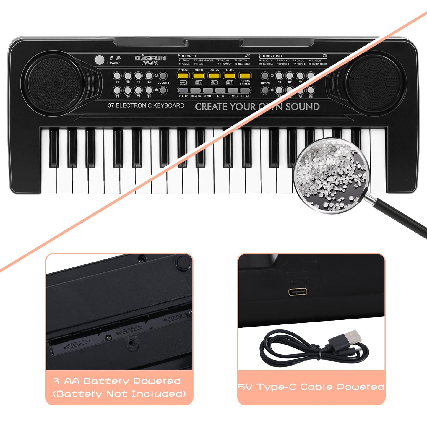 Raimy portable children piano showing control buttons for rhythms and tones