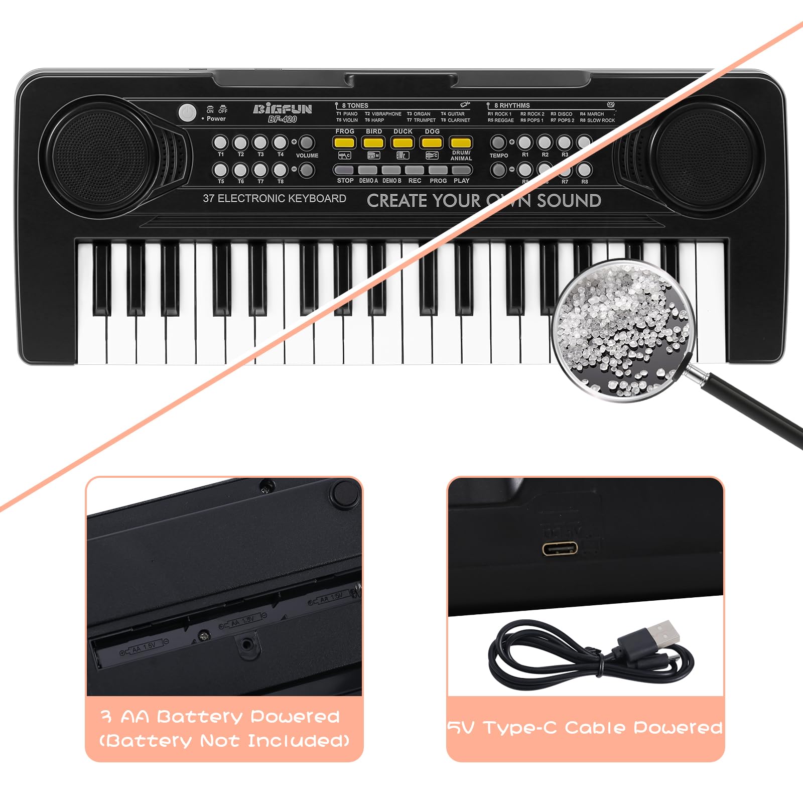 Raimy portable children piano showing control buttons for rhythms and tones