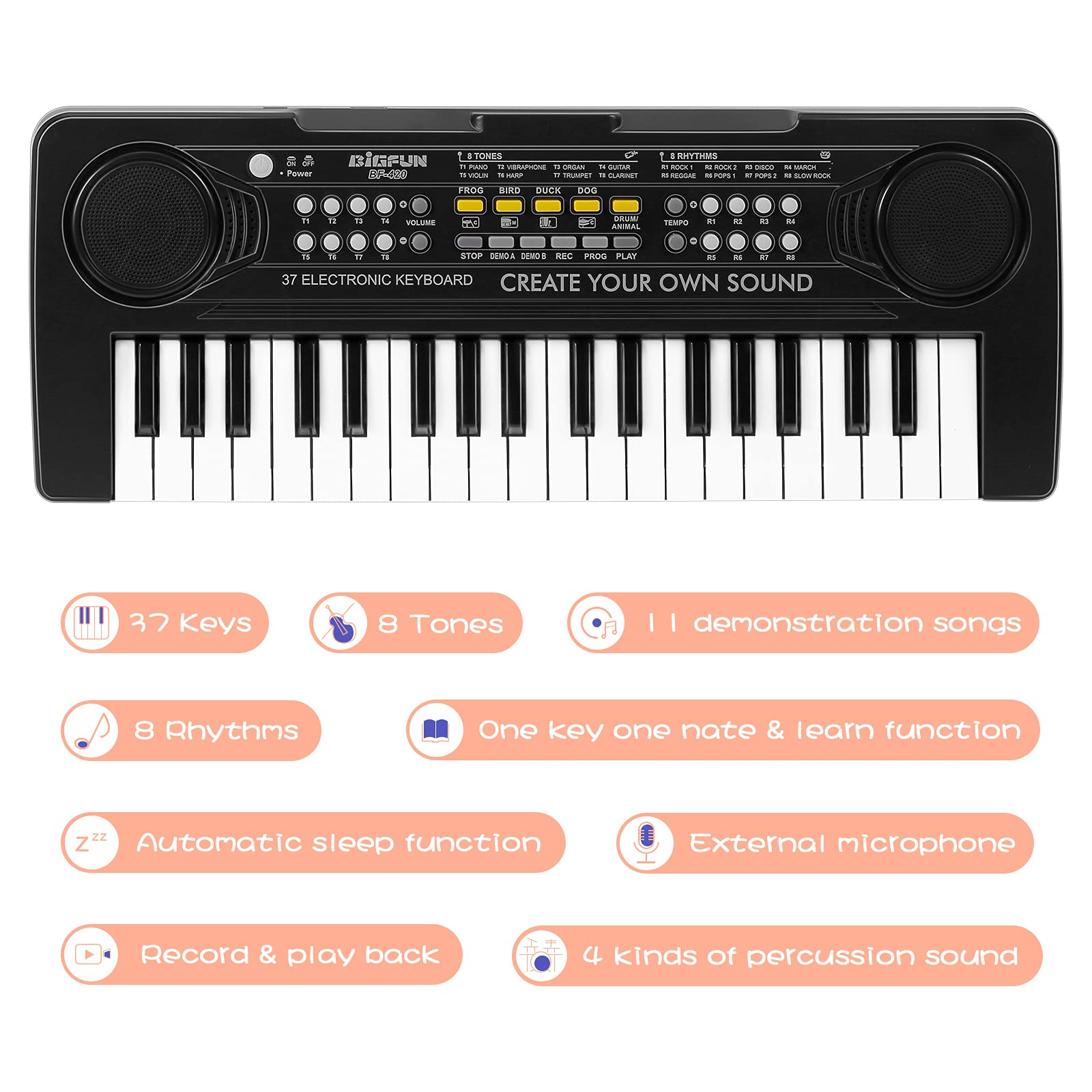 Raimy 37 key toddler piano showing USB power port setup
