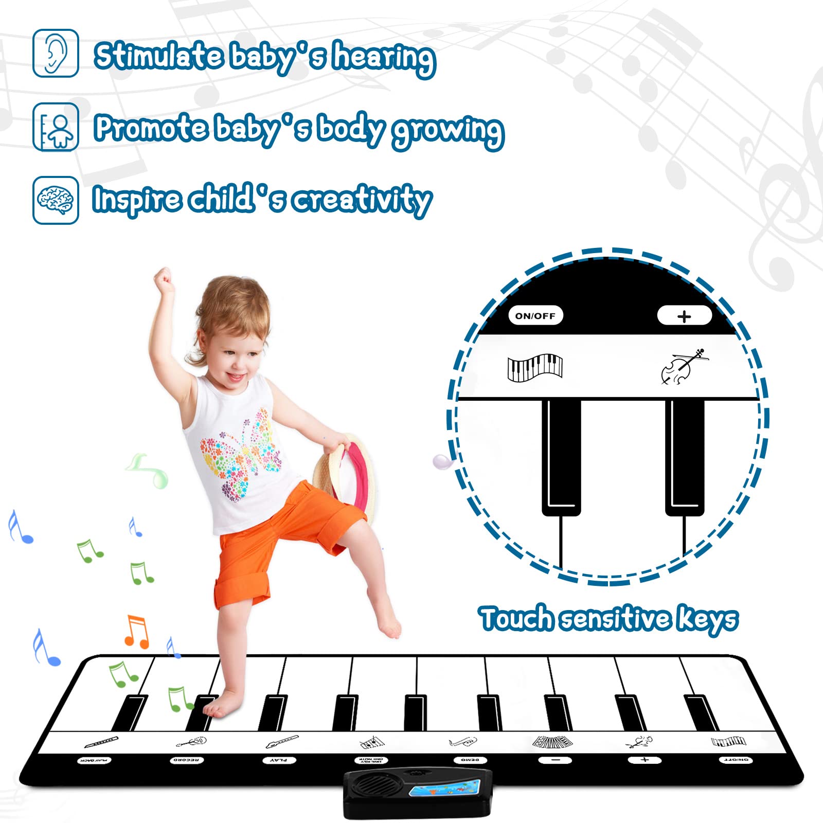Toddler toy music mat with touch sensitive keys and animal graphic layout