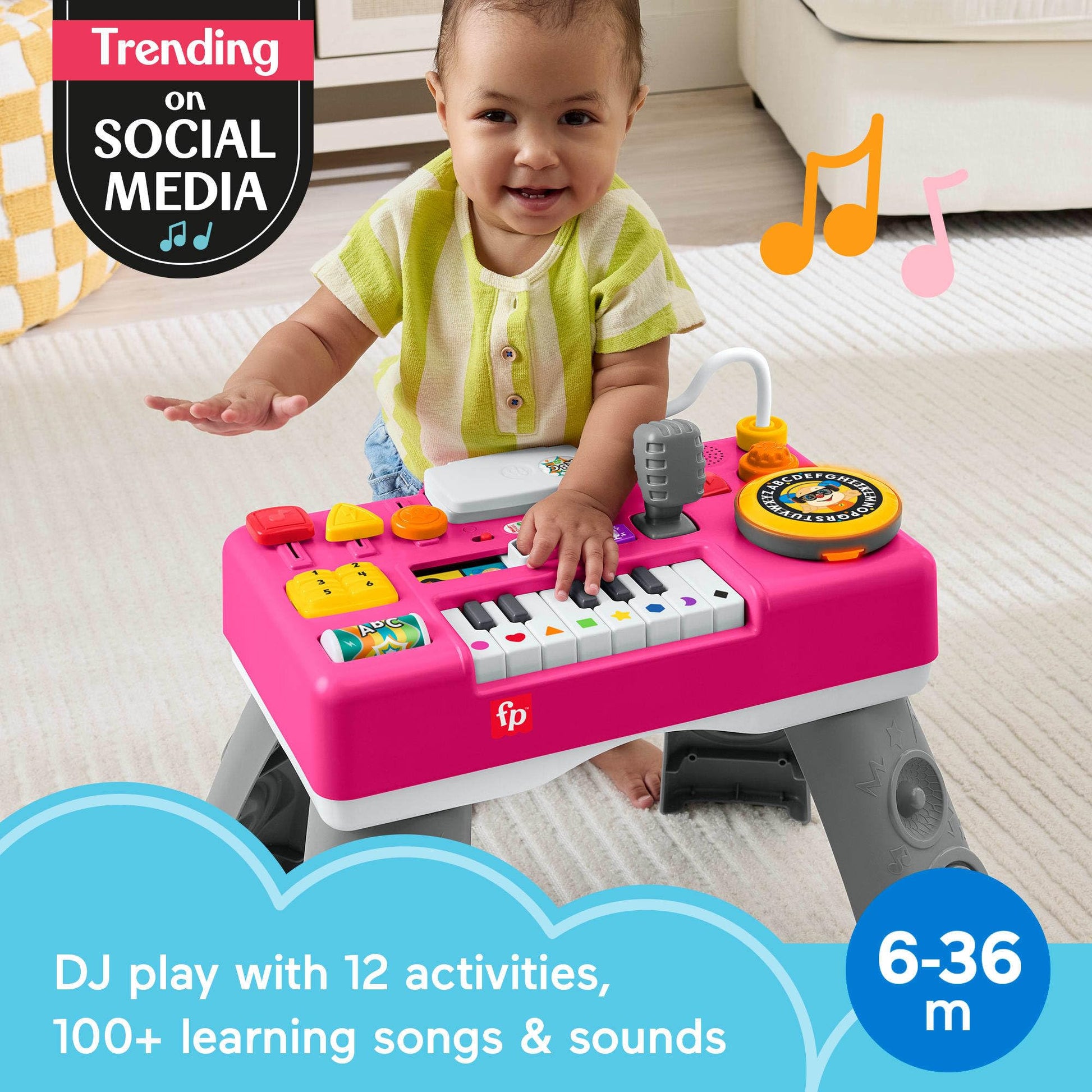 Fisher-Price infant musical activity table pink tabletop with light-up buttons and piano keys