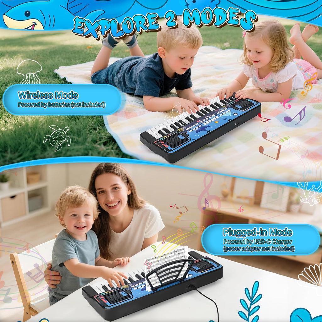MusicForset toddler portable electronic piano highlighting the blue underwater ocean theme pattern.