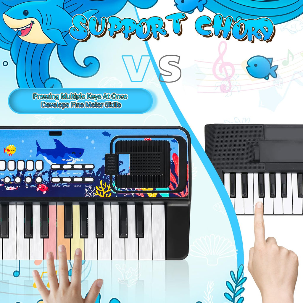MusicForset children keyboard instrument displaying plug-and-play singing microphone attachment up close.