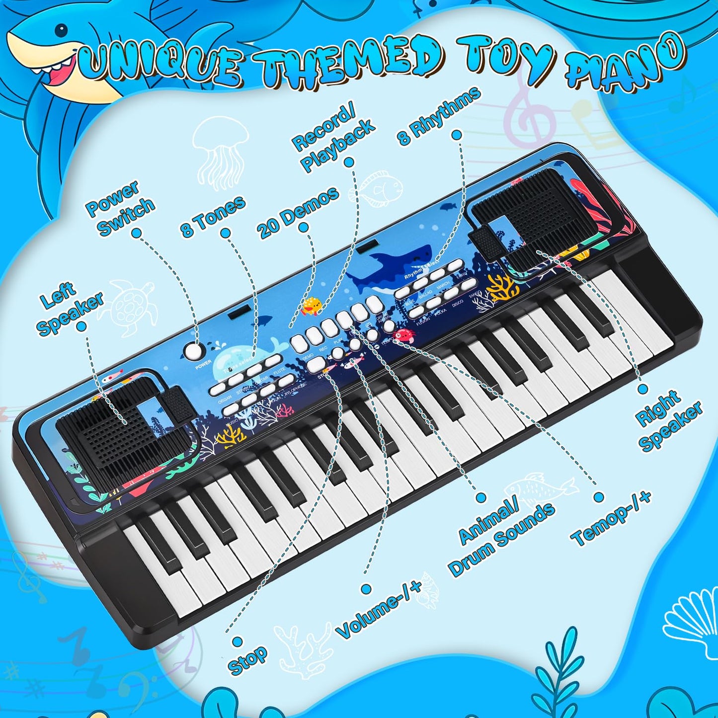 MusicForset beginner musical toy showing the lightweight dual power compartment and USB port.