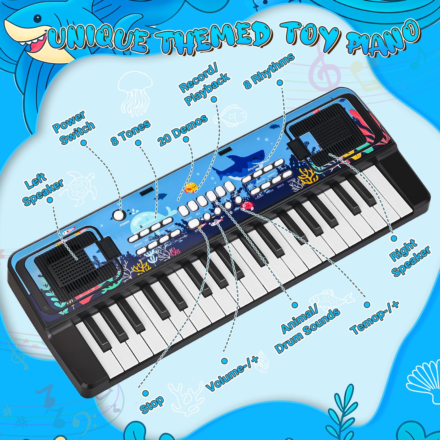 MusicForset beginner musical toy showing the lightweight dual power compartment and USB port.