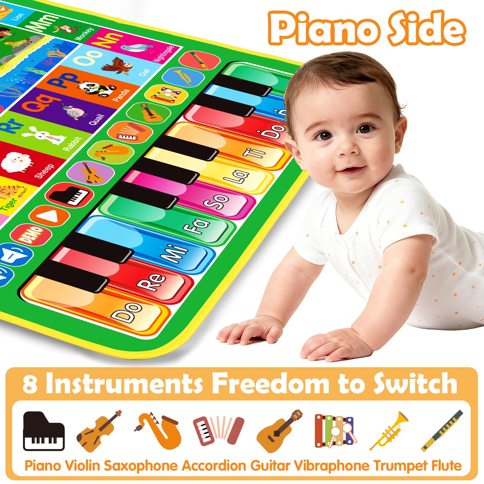Toddler playing on the Hapyland musical floor mat with hands and feet