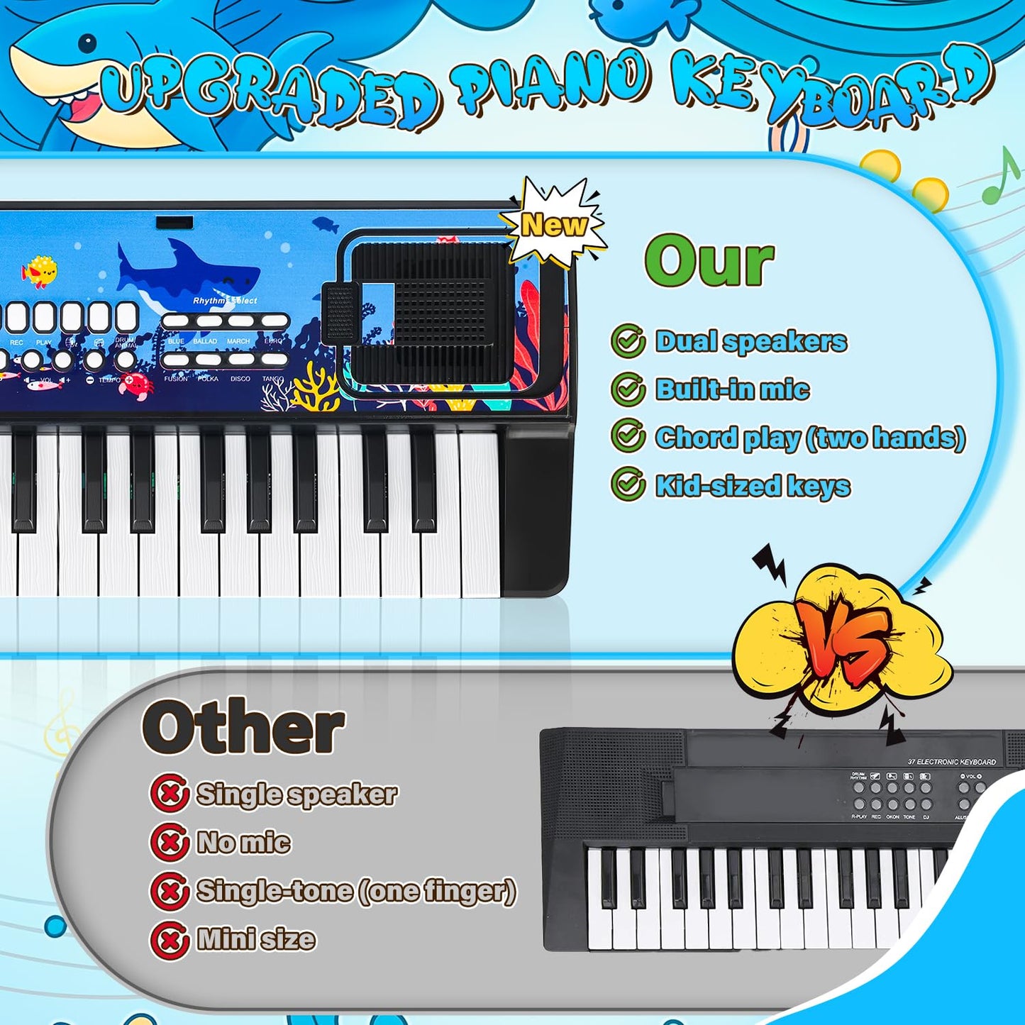 MusicForset black electronic keyboard illustrating dual speaker setup for two handed chord play.