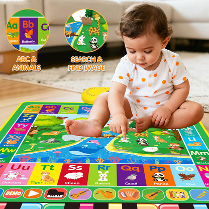Close up view of the 17 piano keys and instrument selection icons on the music mat