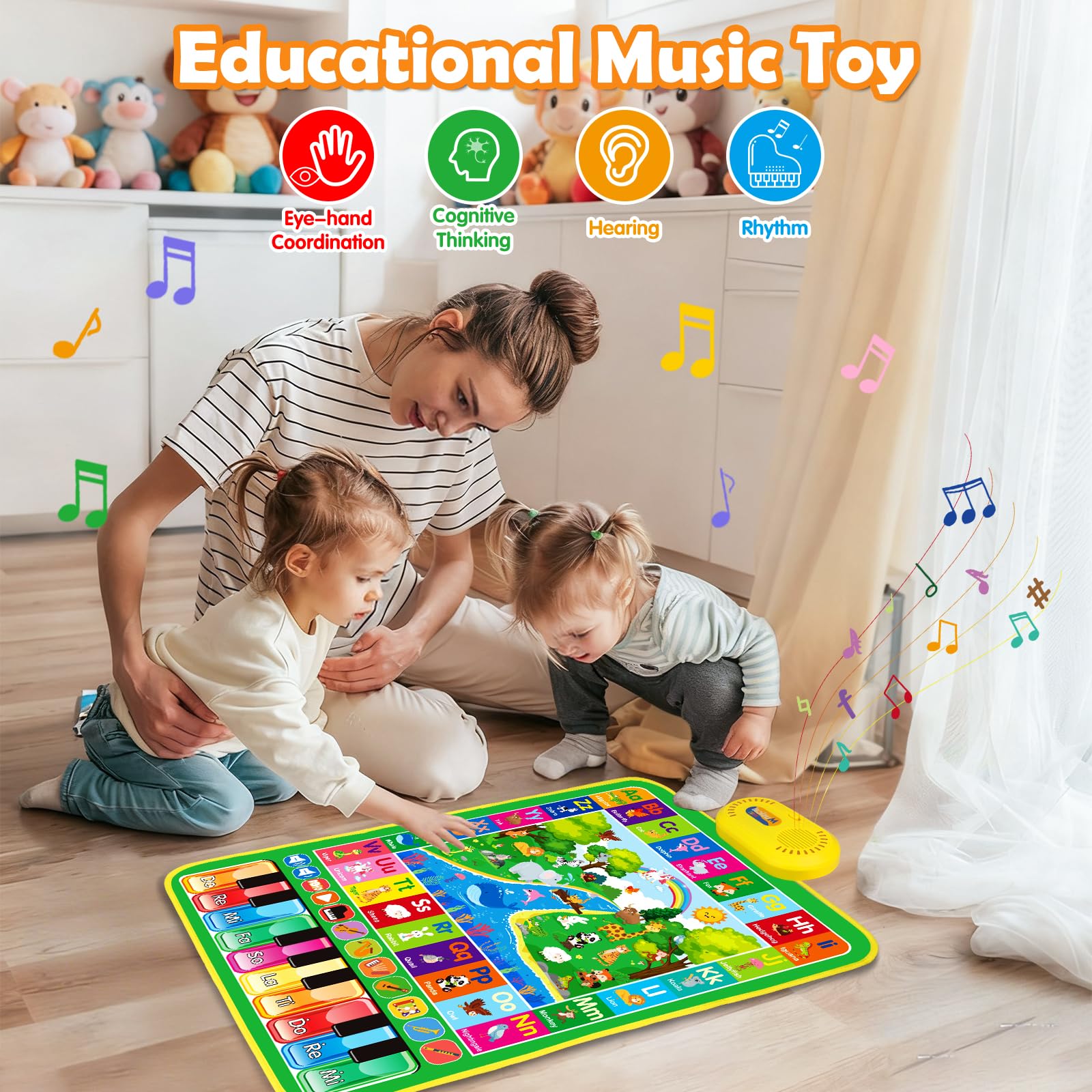 Two children sharing and interacting on the jumbo sized alphabet animal play mat