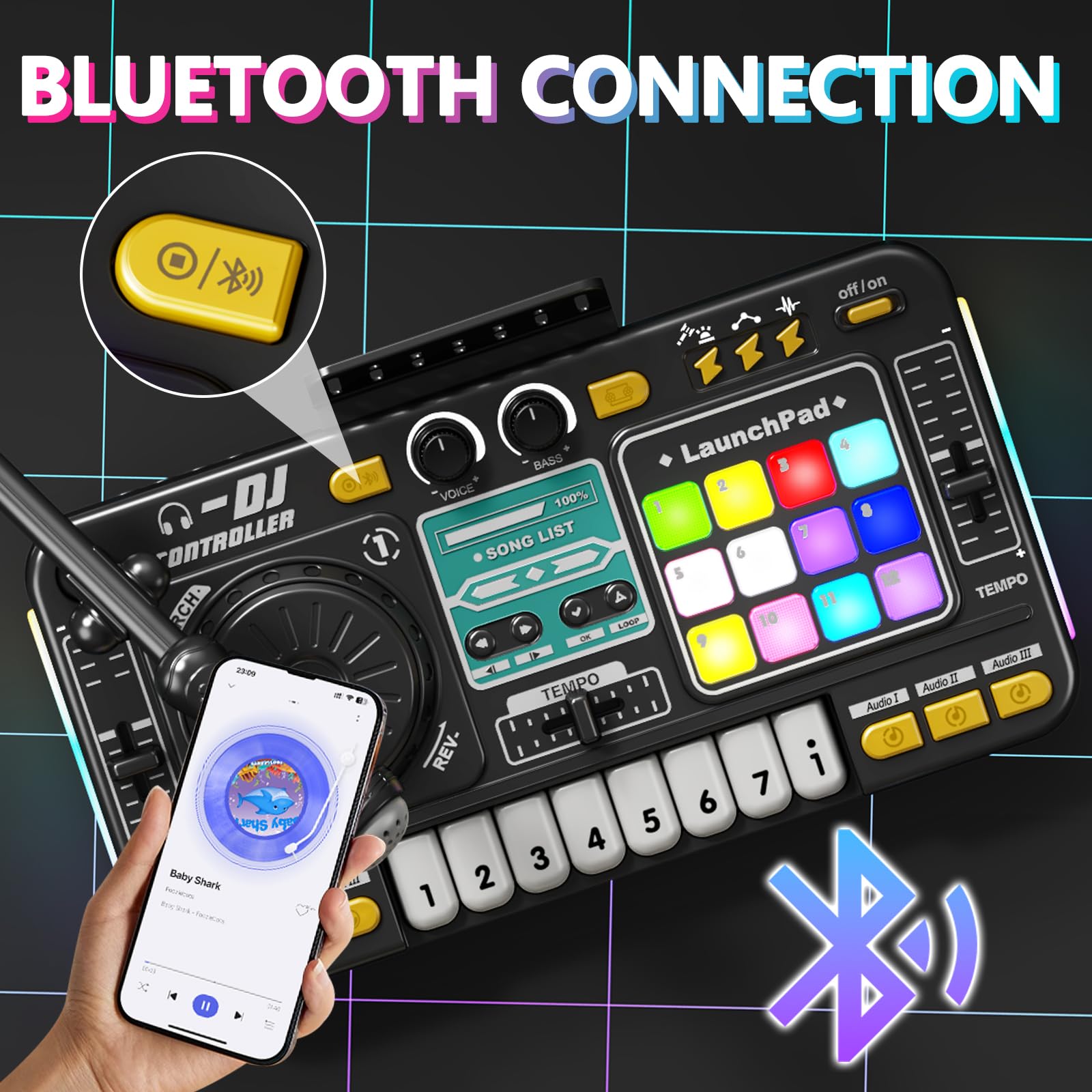 Close up view of the electronic toy keyboard layout highlighting the colorful piano keys and selector buttons