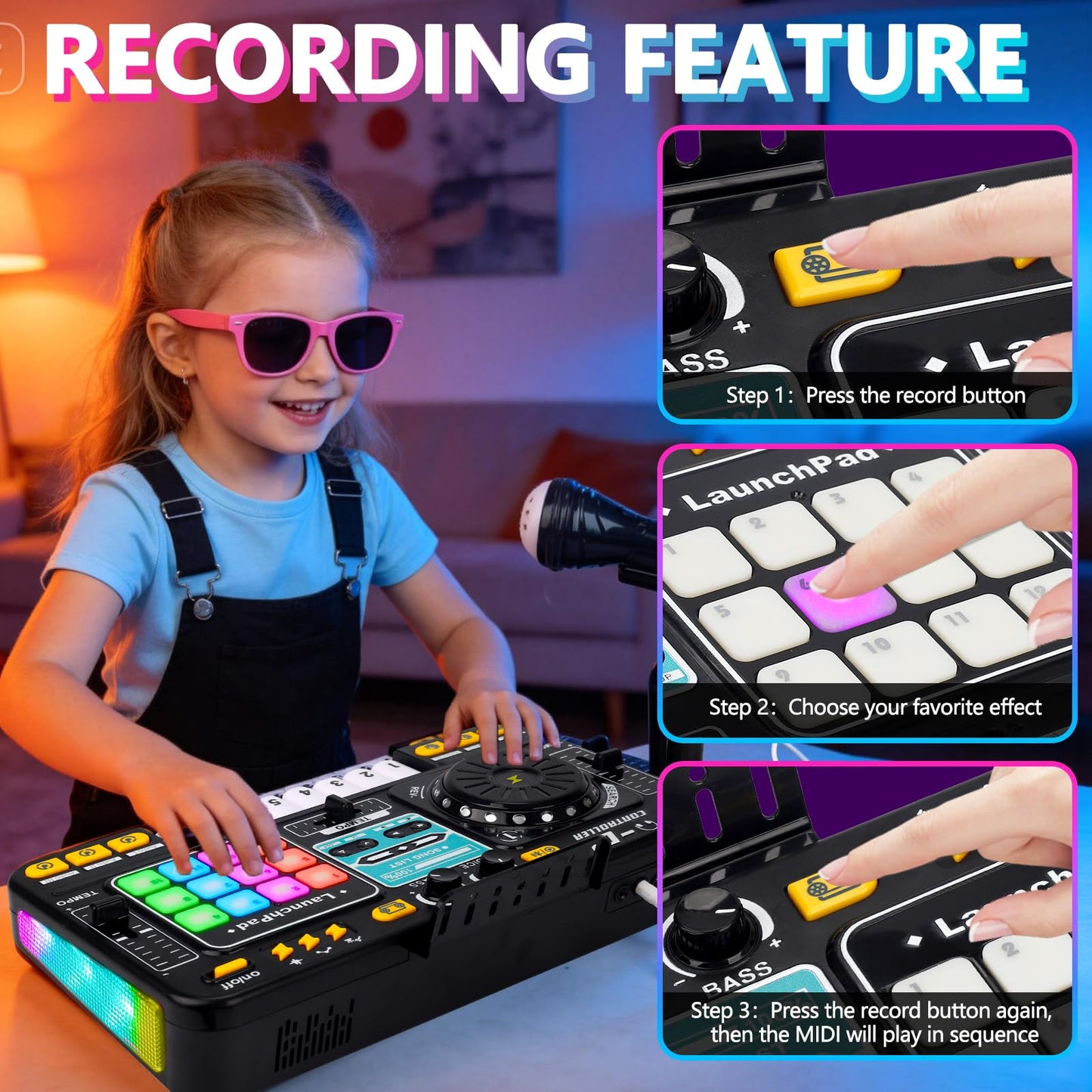The premium children's music mixer table operating with vibrant multi color LED disco lights illuminated