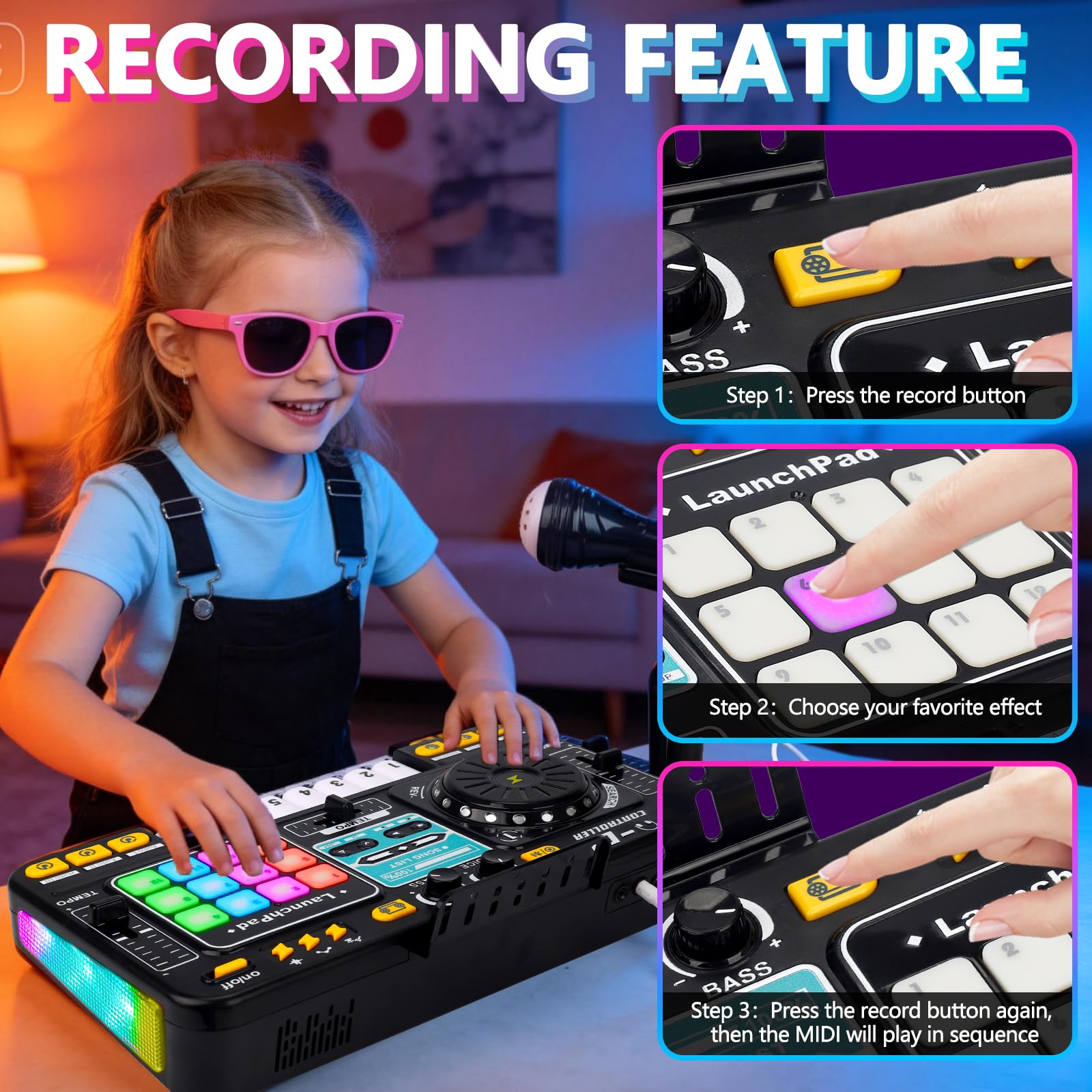 The premium children's music mixer table operating with vibrant multi color LED disco lights illuminated