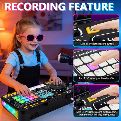 The premium children's music mixer table operating with vibrant multi color LED disco lights illuminated