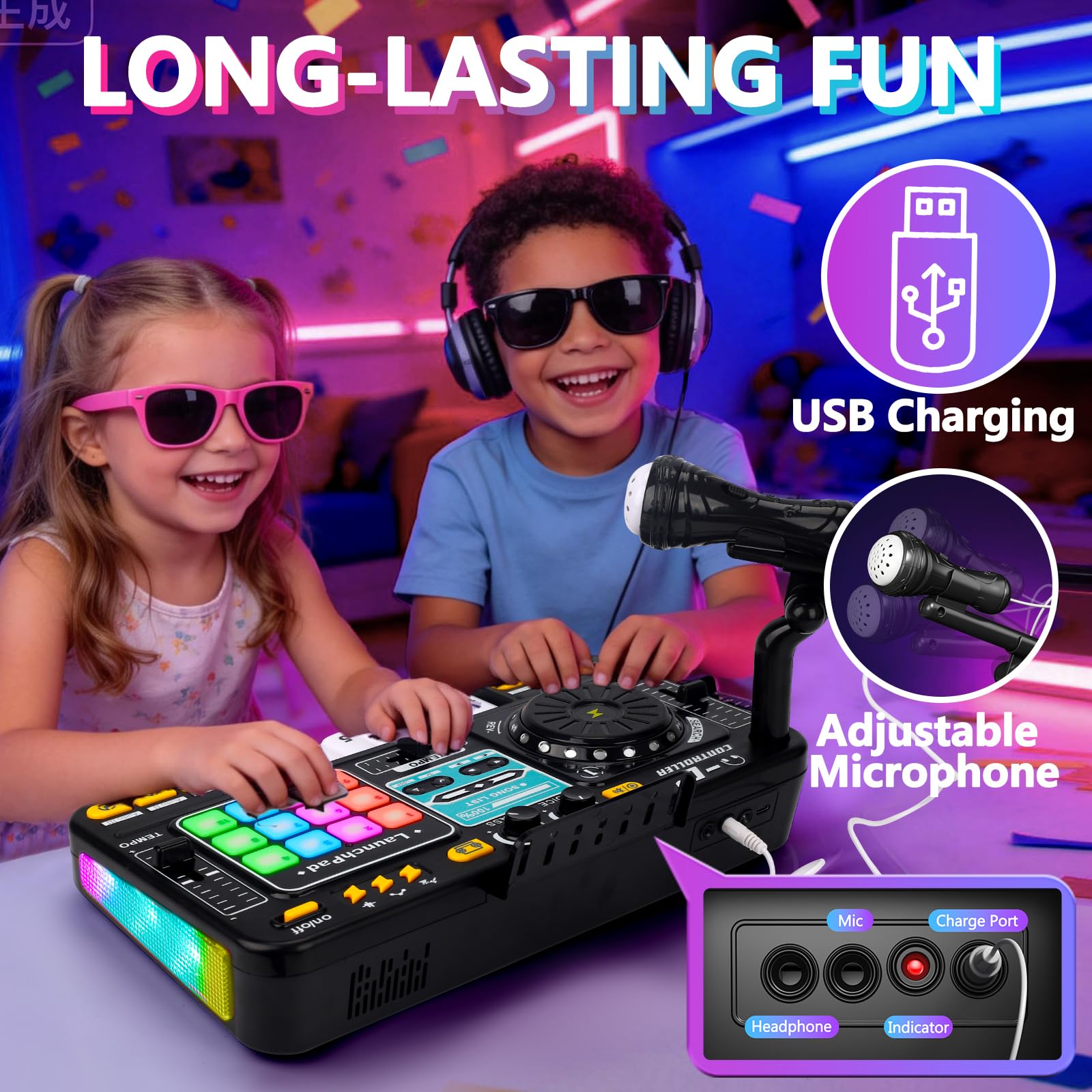 Top down perspective of the electronic sound effects launchpad and built in audio speaker grill