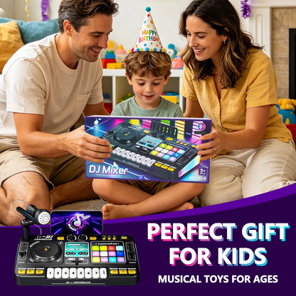 Retail packaging graphic for the imported USA children's music workstation showing product specifications and age recommendations