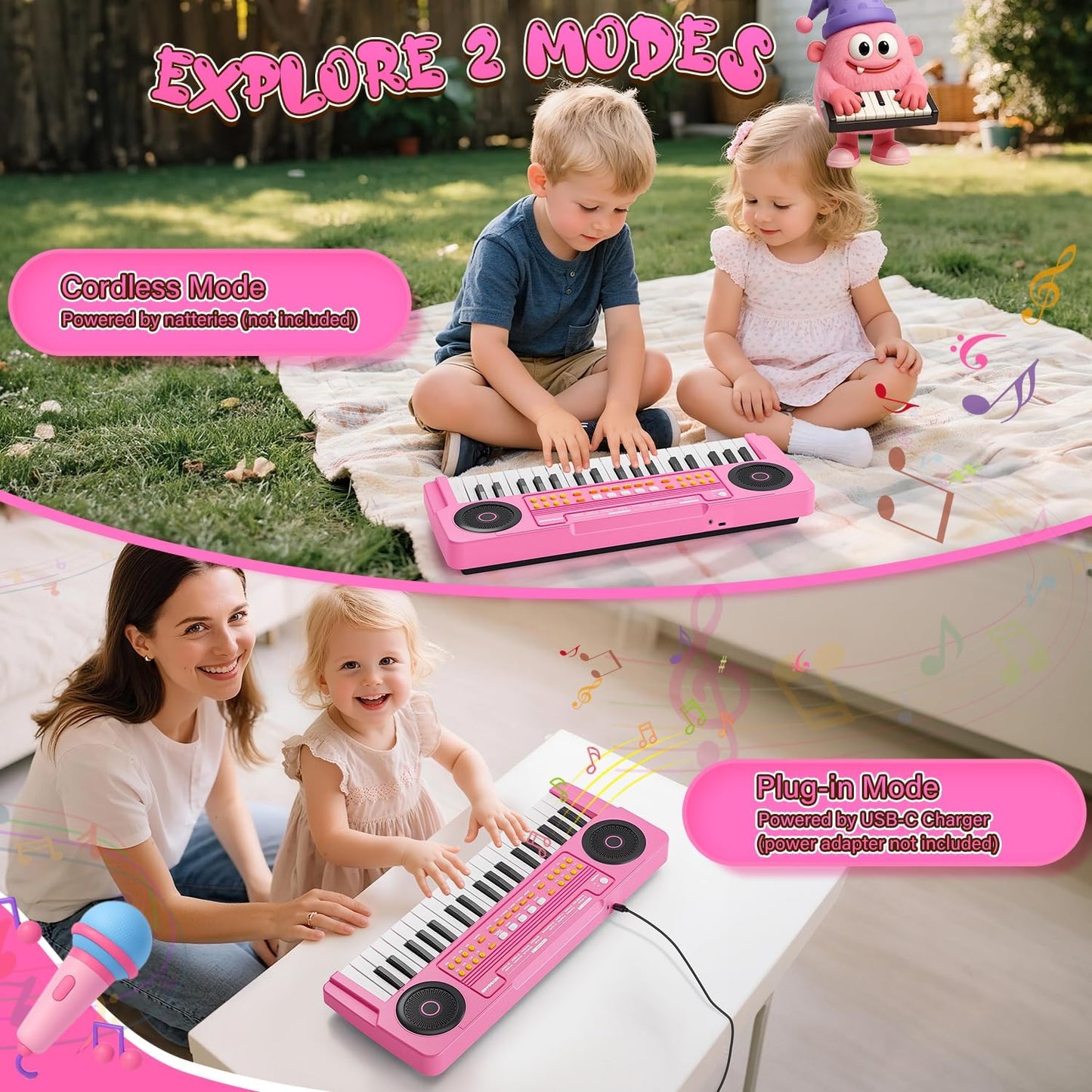 MusicForset pink kids piano keyboard showing dual speaker design and premium finish