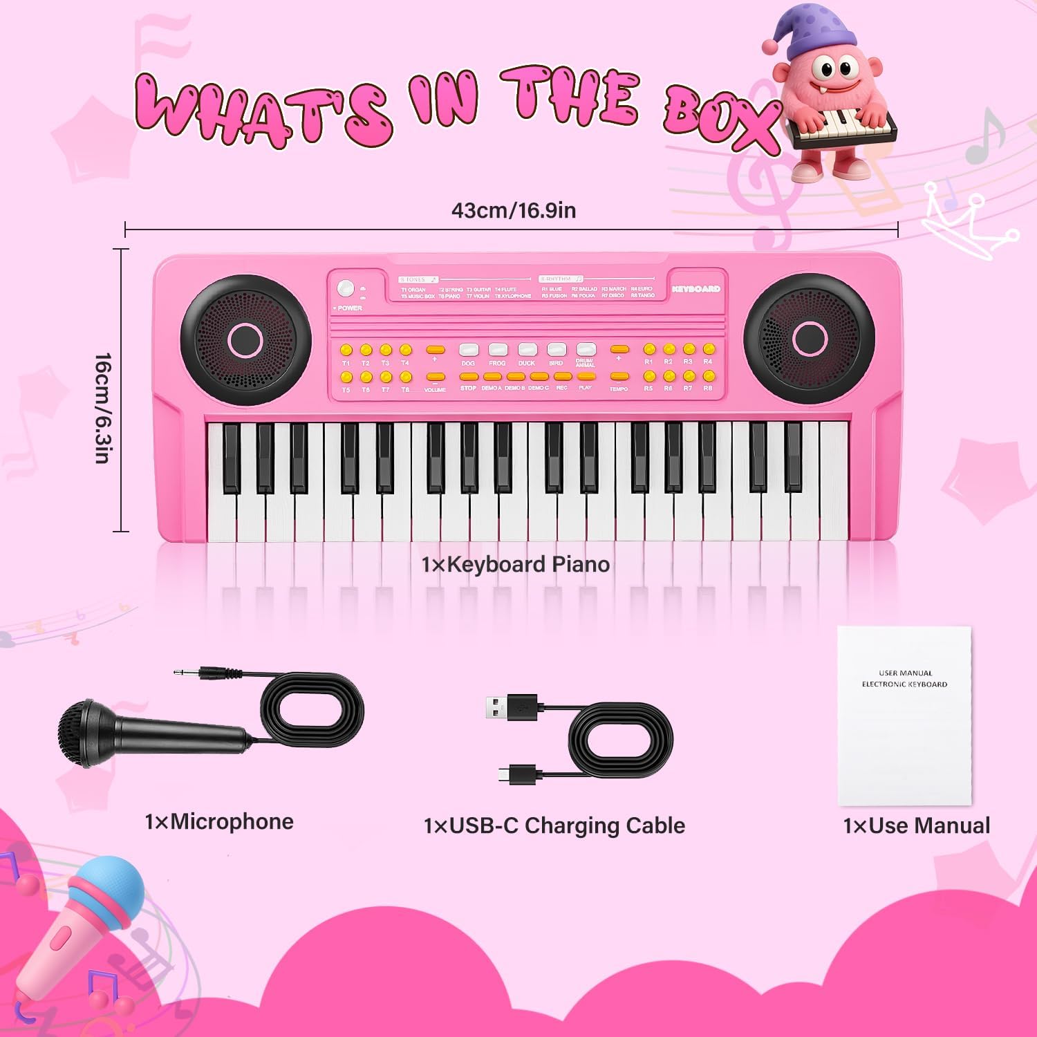 MusicForset kids toy piano packaging highlighting age recommendations and battery placement instructions